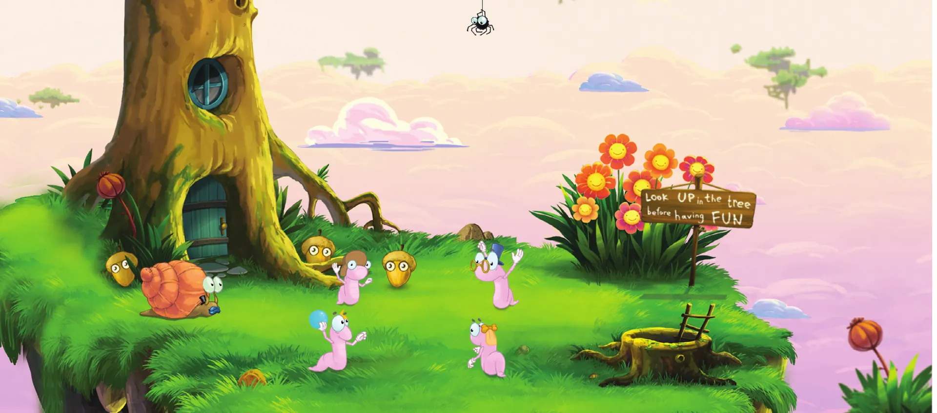 The four worms play ball under the big tree, next to a sign that says Look up in the tree before having fun. Someone has scribbled labels on the picture: three worms are labelled snack, the worm in the top hat is labelled snack (fancy), the sign is labelled ignored and the spider is labelled witness.